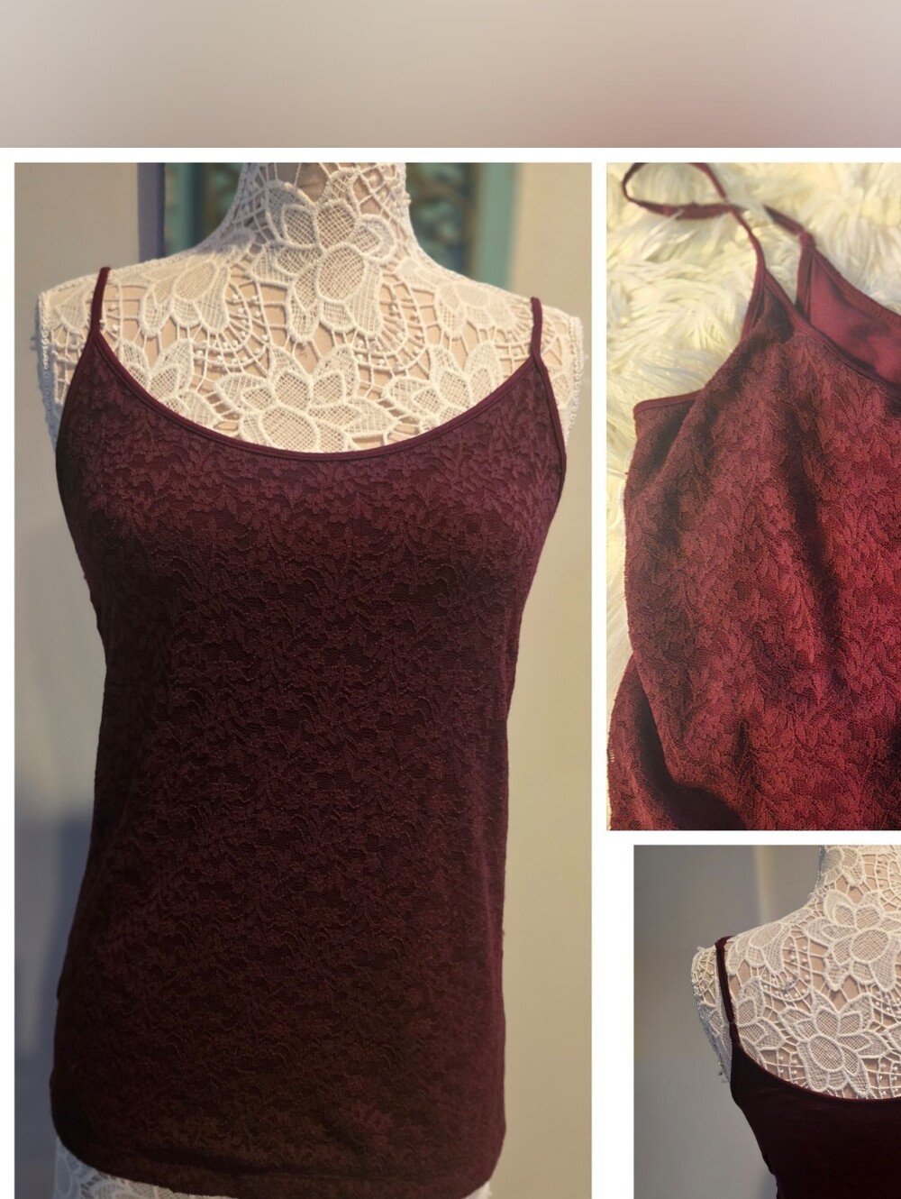 LOFT Wine Lace Trim Cami Tank
